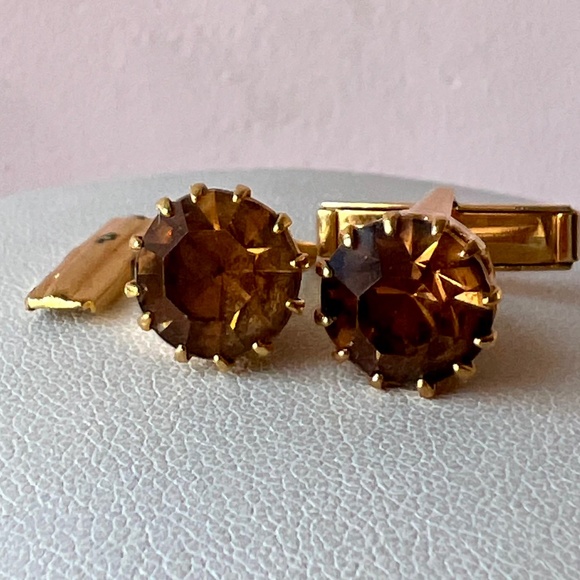 VINTAGE ANTIQUE HONEY YELLOW BROWN RHINESTONE GLASS CUFFLINKS BROKEN FOR PROJECT
